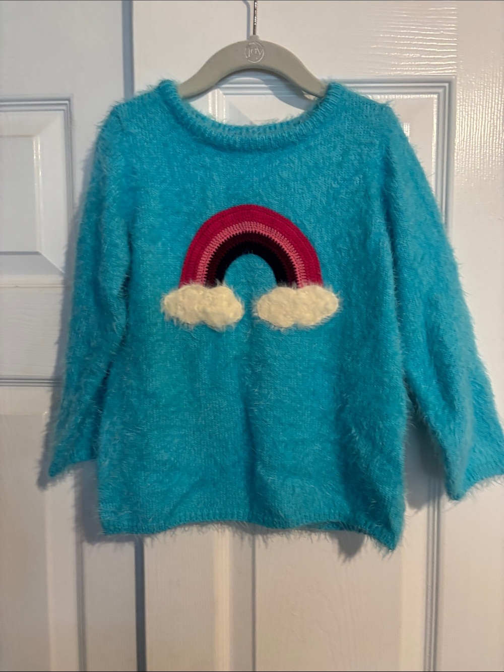 Hatley Turquoise Fuzzy Sweater with Pink & Purple Rainbow